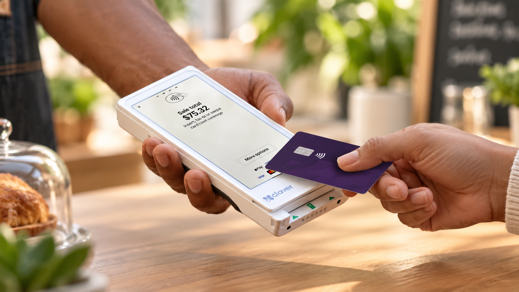 Clover Flex Pocket accepting a chip card payment in a café setting
