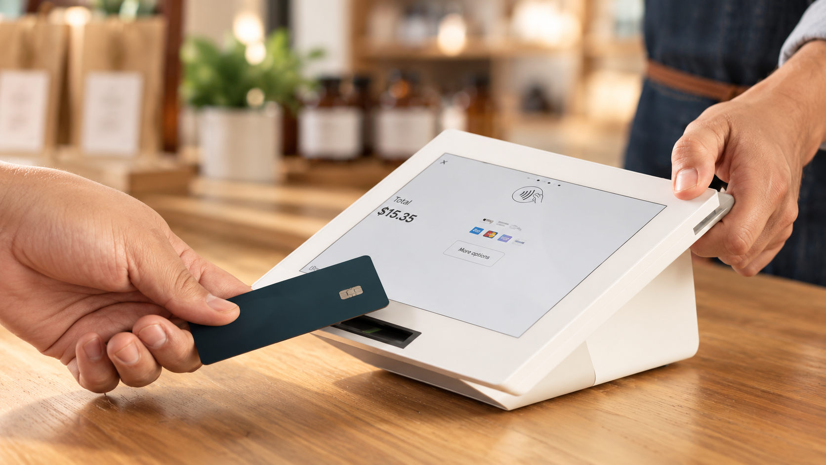 Clover Mini POS accepting a chip card payment on a wooden counter
