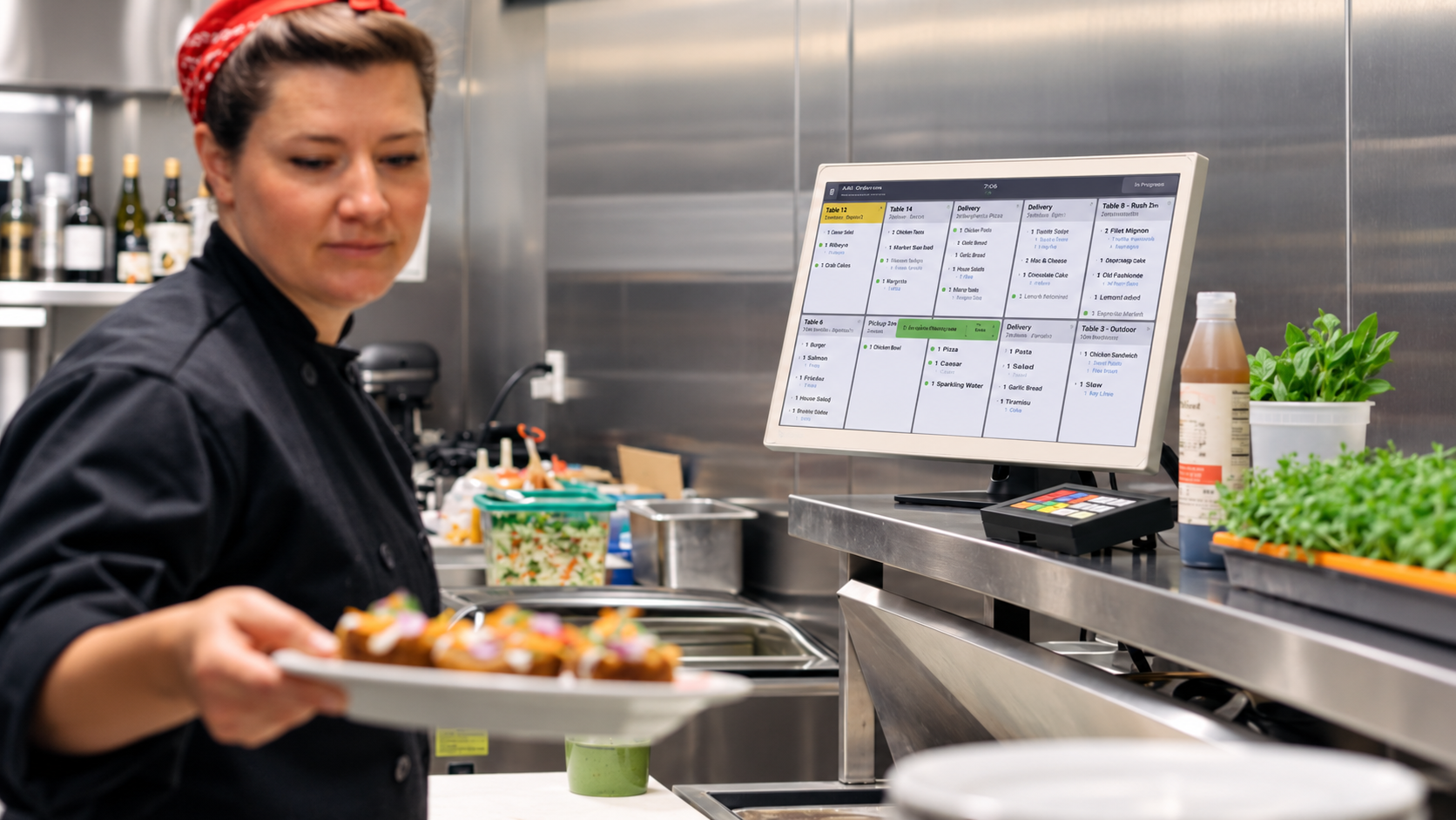 Clover Kitchen Display System showing digital order tickets and kitchen workflow on a screen in a busy restaurant kitchen