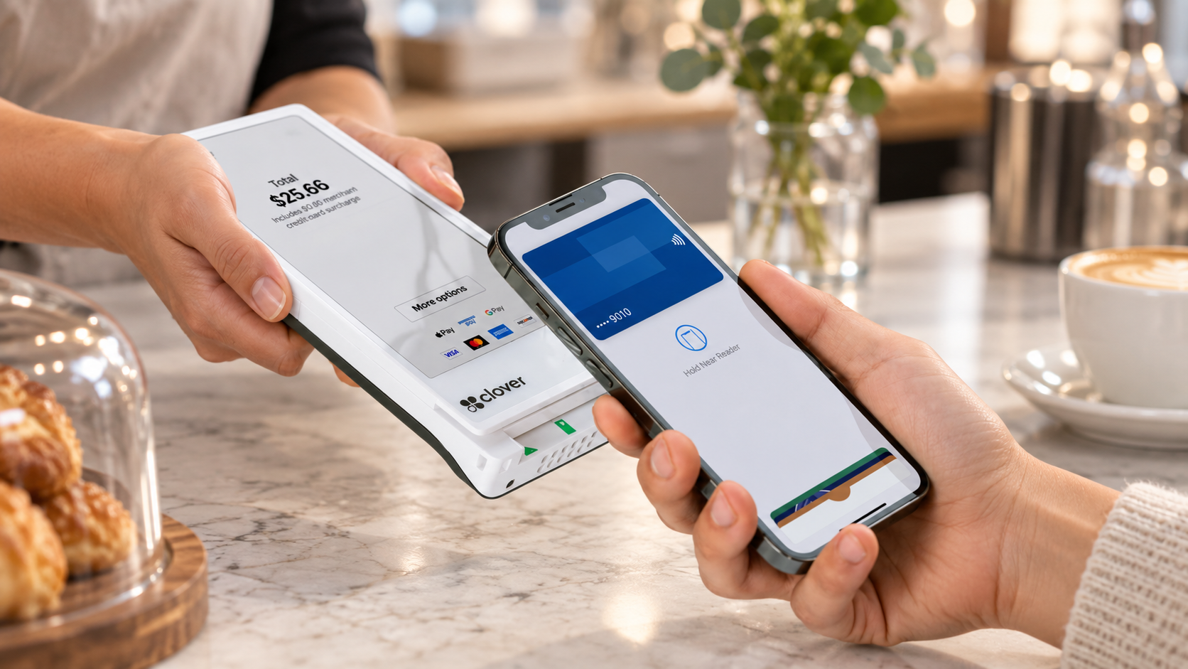 Clover Flex handheld POS accepting a contactless phone payment at a counter