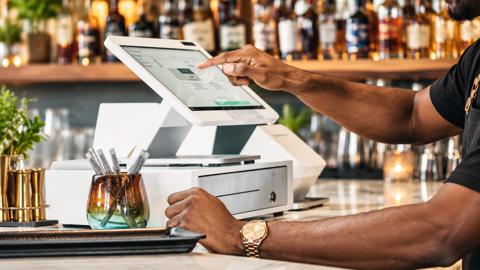 Clover Station Solo countertop POS being used at a bar checkout
