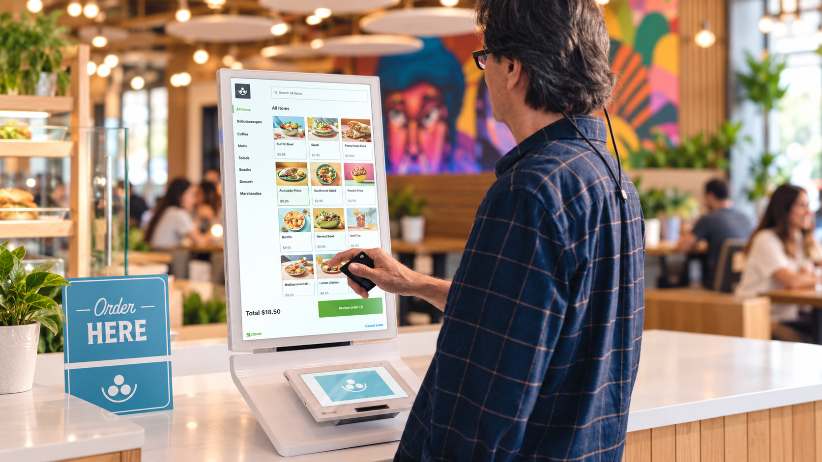 Clover self-ordering kiosk in a modern restaurant with a customer browsing the menu on a large touchscreen
