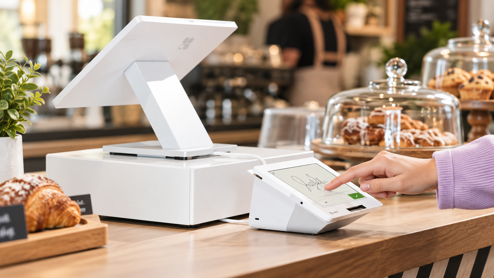 Clover Station Duo dual-screen POS on a bakery counter