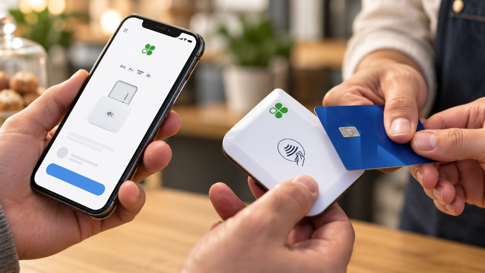 Clover Go accepting a tap payment beside a phone running the Clover app